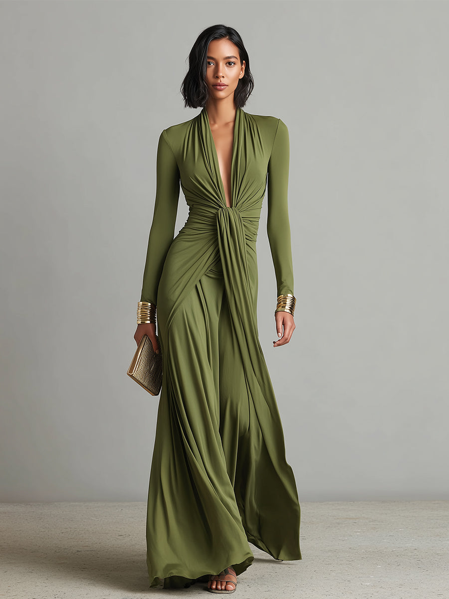 Oliv - Seide Maxi Kleid V-Ausschnitt