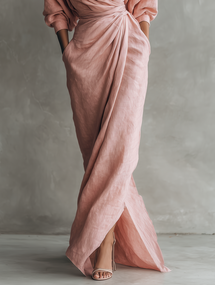 Rosa - Leinen Maxi Kleid V-Hals