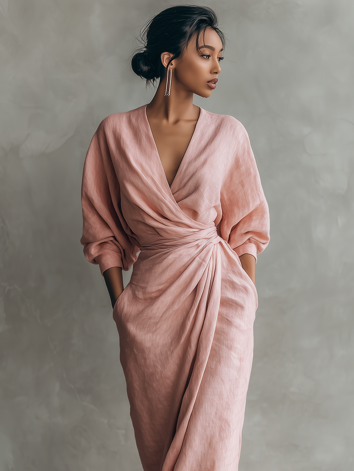 Rosa - Leinen Maxi Kleid V-Hals