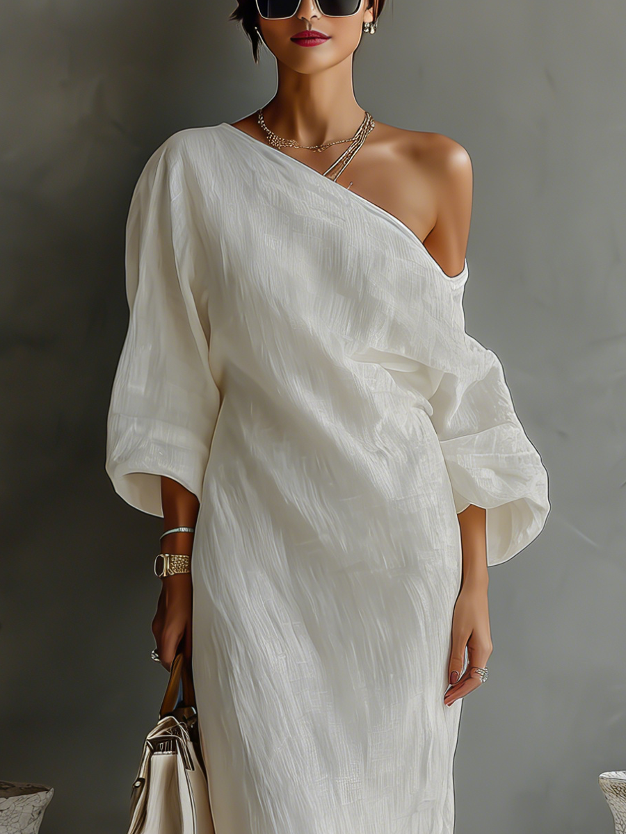 Silke - Elfenbein Leinen Kleid Schulterfrei