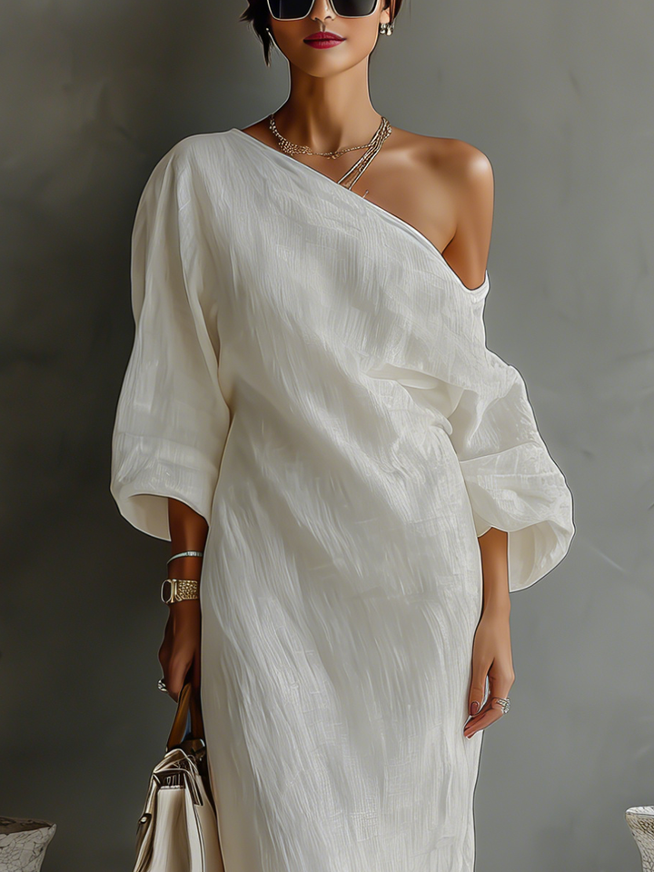 Silke - Elfenbein Leinen Kleid Schulterfrei