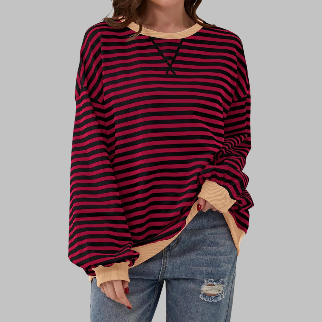 Mara | Damen Oversized Streifenpullover mit Rundhalsausschnitt und langen Ärmeln