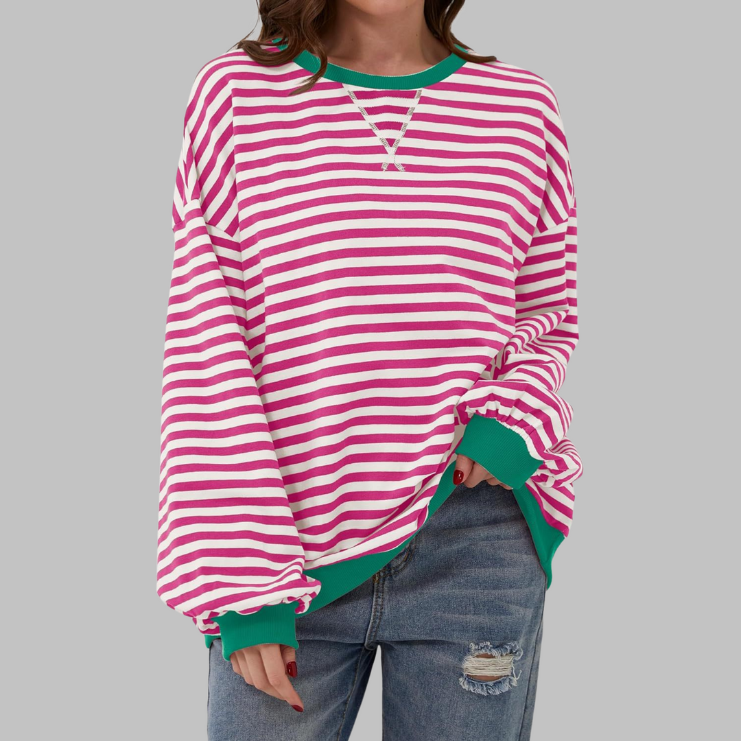 Mara | Damen Oversized Streifenpullover mit Rundhalsausschnitt und langen Ärmeln
