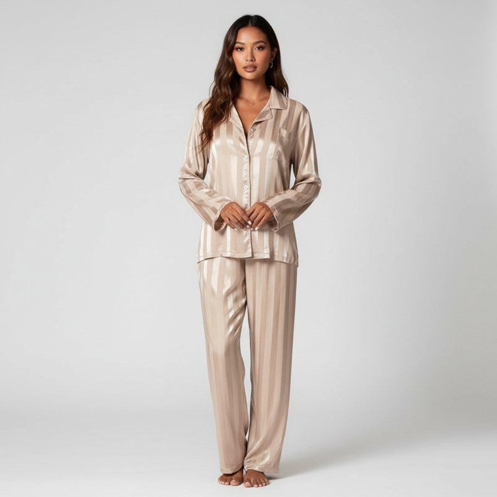 Elegantes Satin-Lounge-Set für Damen mit Knopfleiste und bequemen Hosen