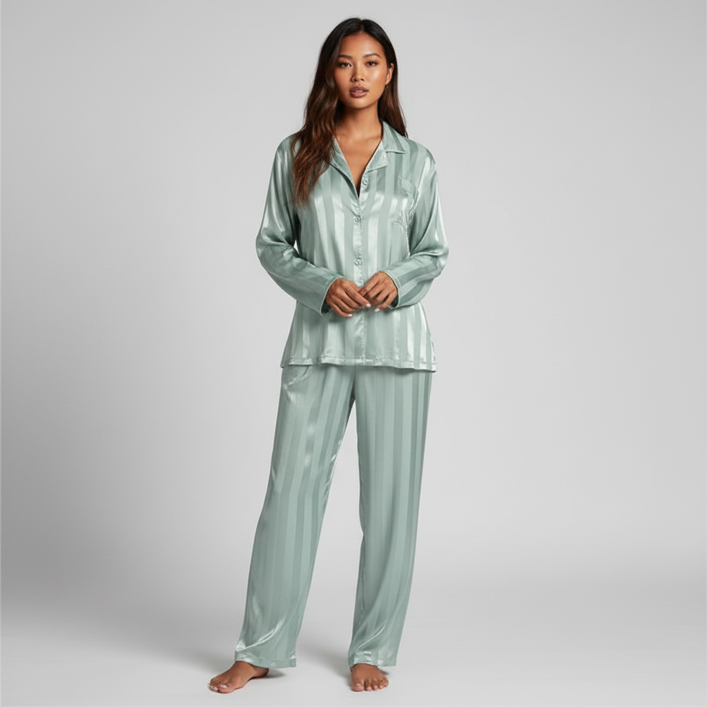 Elegantes Satin-Lounge-Set für Damen mit Knopfleiste und bequemen Hosen