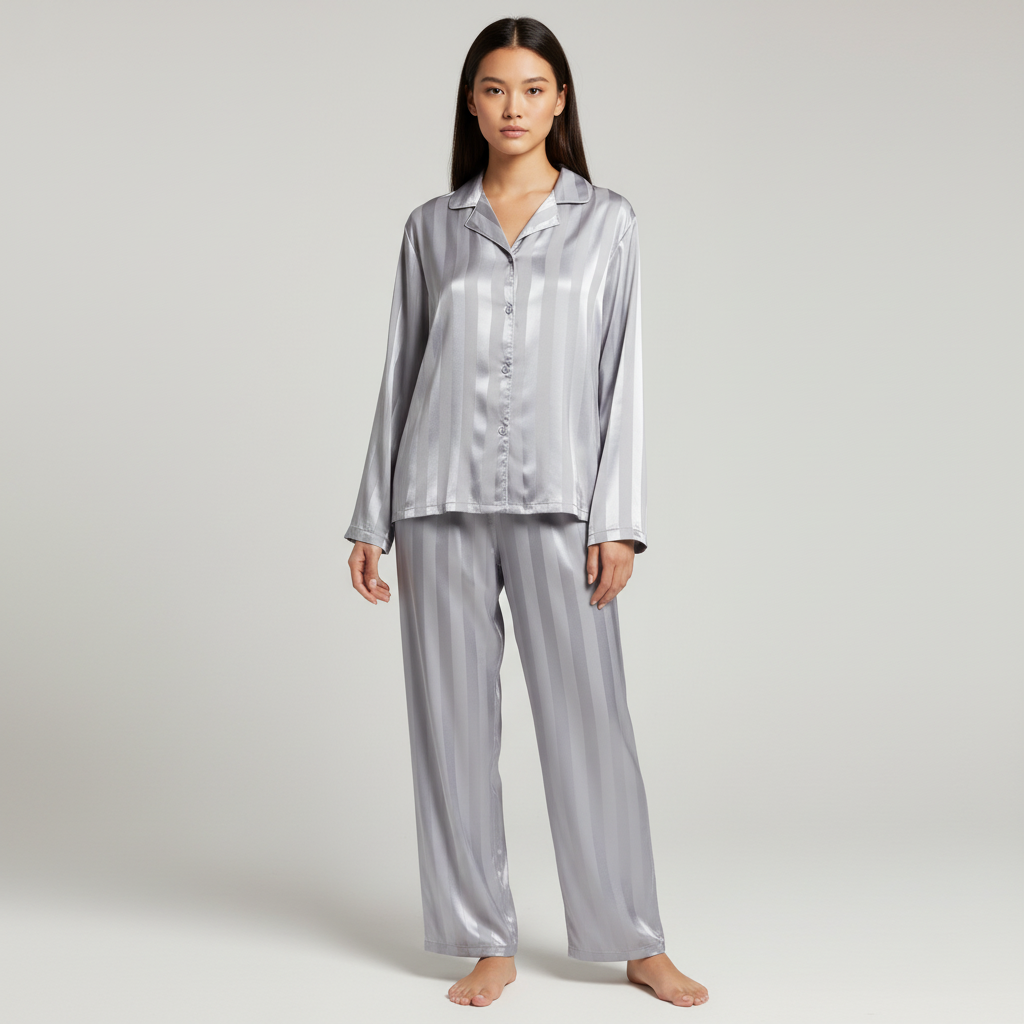 Elegantes Satin-Lounge-Set für Damen mit Knopfleiste und bequemen Hosen