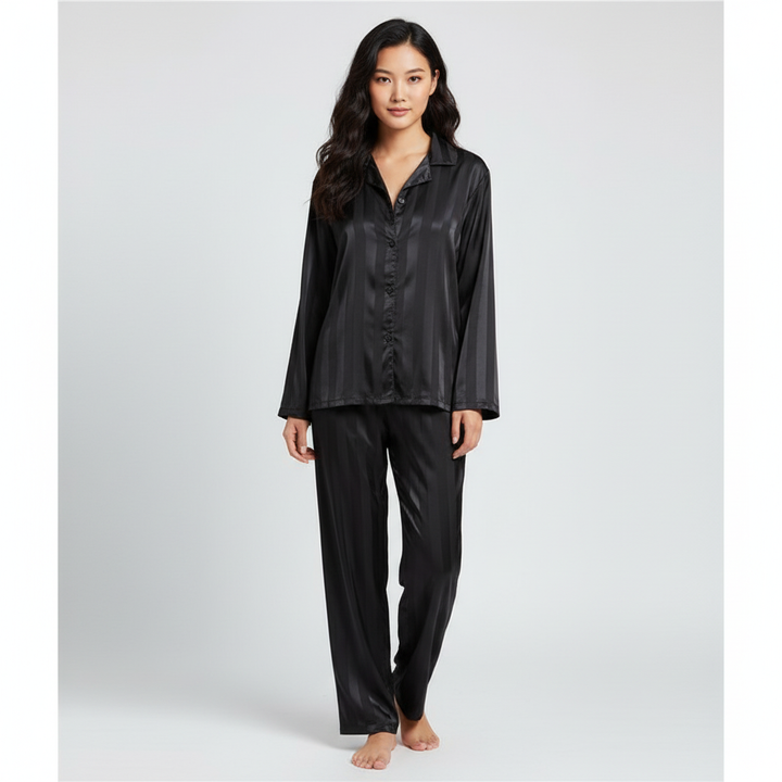 Elegantes Satin-Lounge-Set für Damen mit Knopfleiste und bequemen Hosen