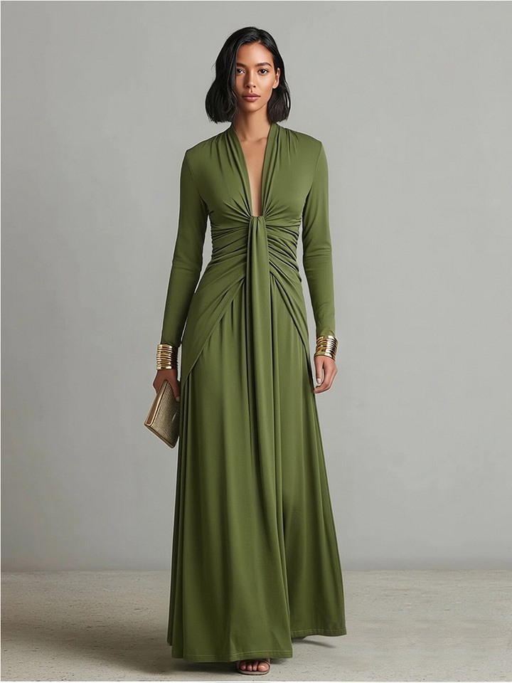 Oliv - Seide Maxi Kleid V-Ausschnitt