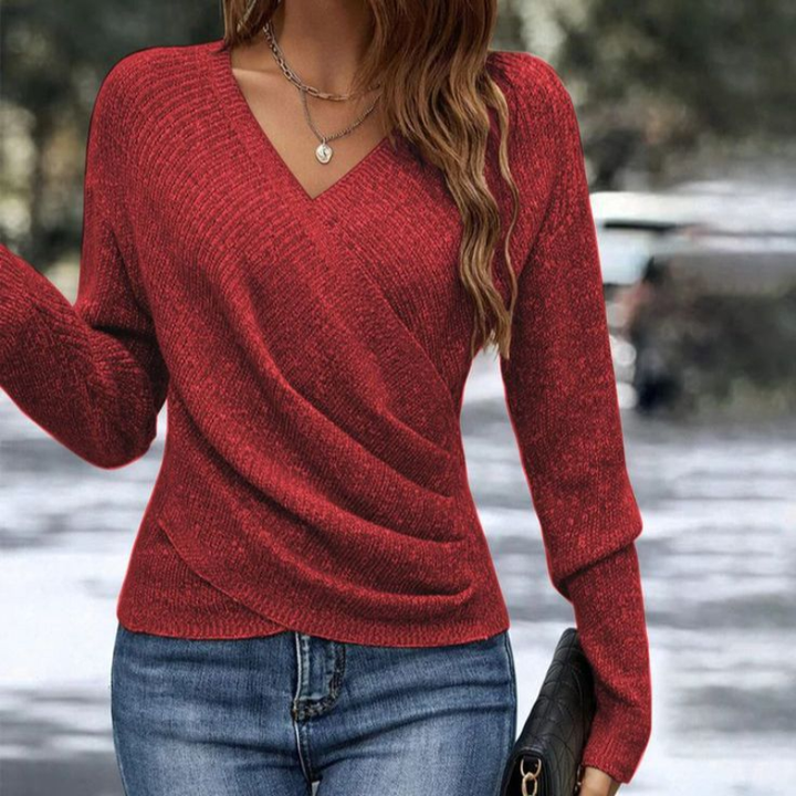 Nora | Damen V-Ausschnitt Pullover mit Wickeloptik und langen Ärmeln