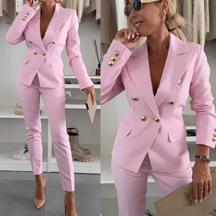 Elegantes Doppelreiher-Blazer und Slim Pants Set für Damen