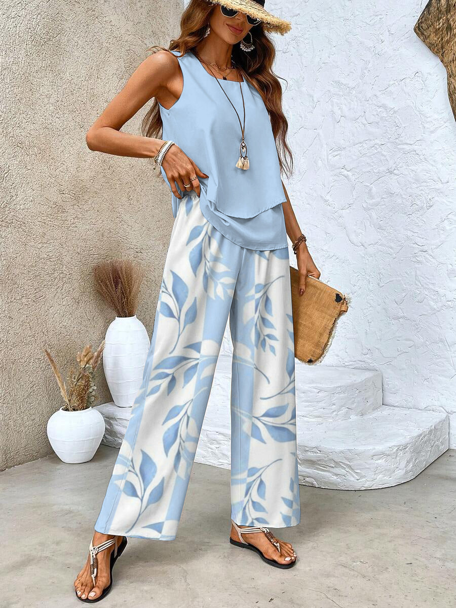 Frauen Sommer Lounge Set mit Blätterdruck