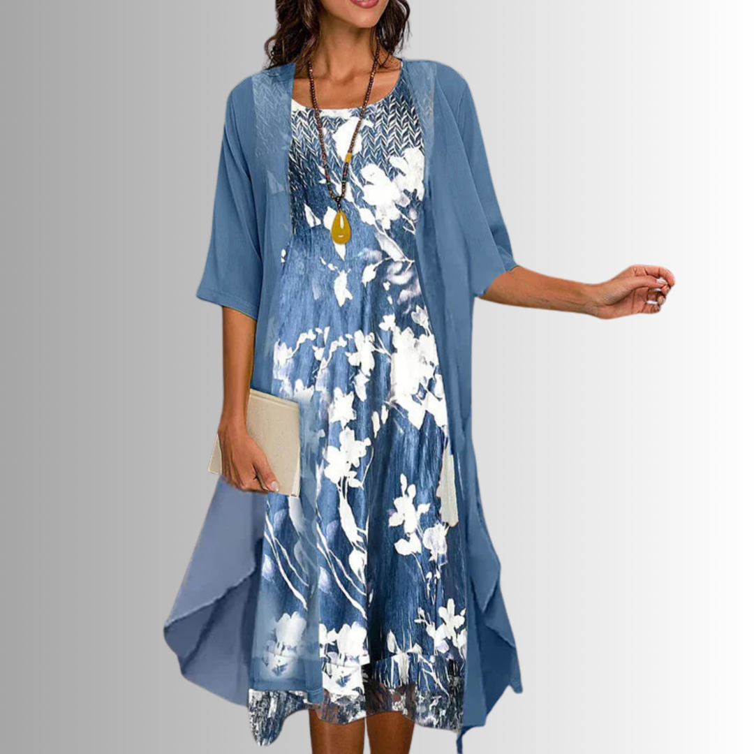 Women's Floral Midi Dress Cardigan Outfit Set