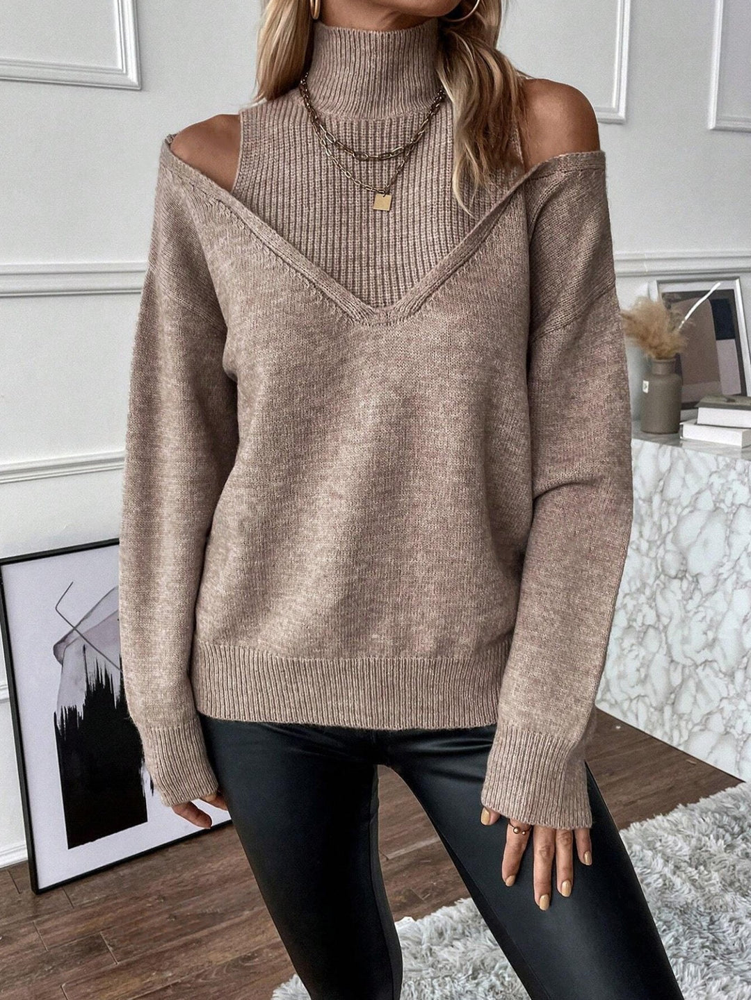 Analia | Damen Off-Shoulder Rollkragen Pullover aus Strick