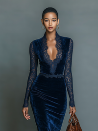 Lene - Samt Midi Kleid V-Ausschnitt