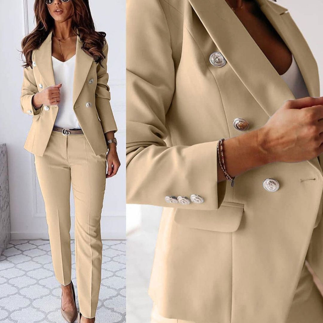 Elegantes Doppelreiher-Blazer und Slim Pants Set für Damen