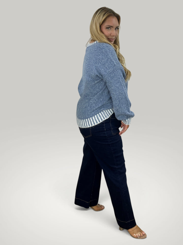 Frieda - Damen Strickpullover mit Kontraststreifen