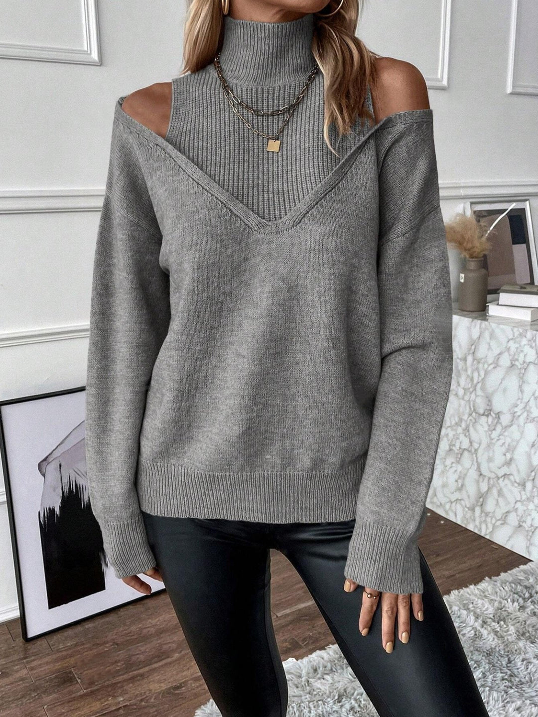 Analia | Damen Off-Shoulder Rollkragen Pullover aus Strick