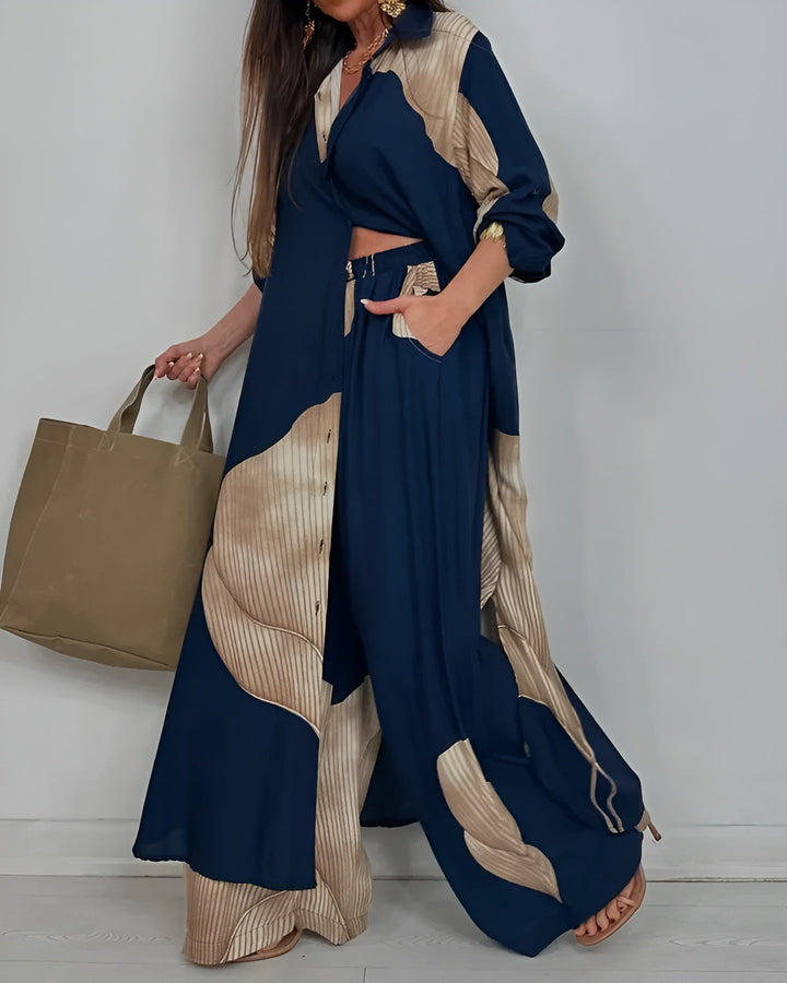 Elegantes Damen-Colorblock-Zweiteiler-Set mit weitem Bein" could be rewritten as:

"Stilvolles Damen-Colorblock-Zweiteiler-Set mit weitem Bein