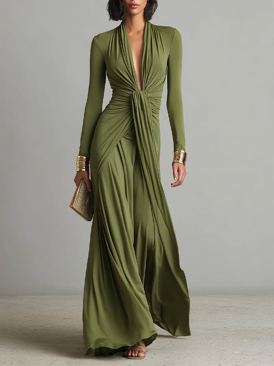 Oliv - Seide Maxi Kleid V-Ausschnitt