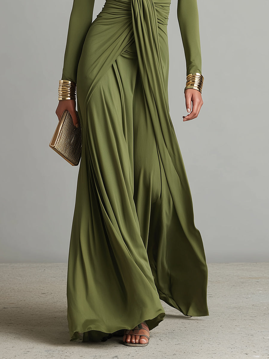 Oliv - Seide Maxi Kleid V-Ausschnitt