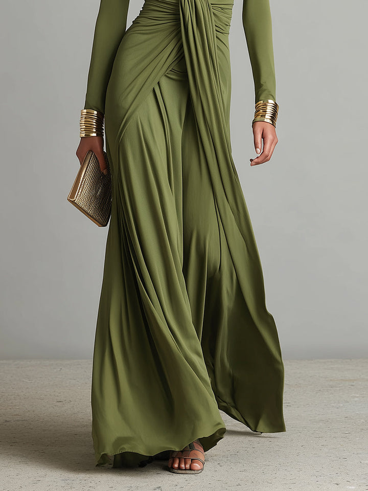 Oliv - Seide Maxi Kleid V-Ausschnitt