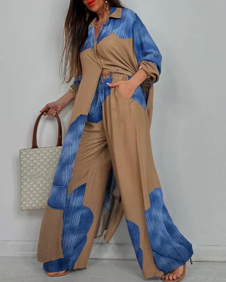 Elegantes Damen-Colorblock-Zweiteiler-Set mit weitem Bein" could be rewritten as:

"Stilvolles Damen-Colorblock-Zweiteiler-Set mit weitem Bein