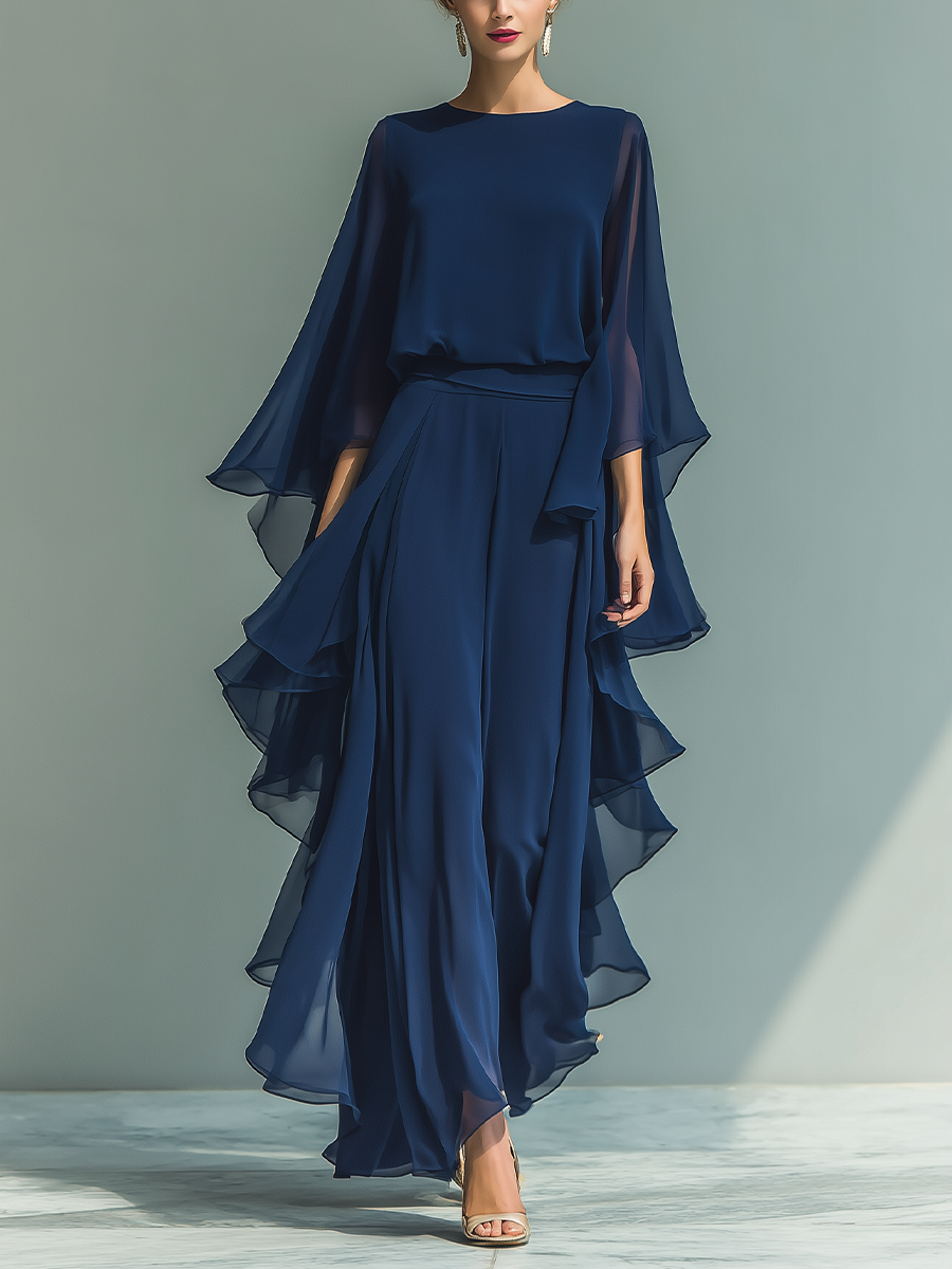 Steffi - Marineblau Chiffon Set Rüschen