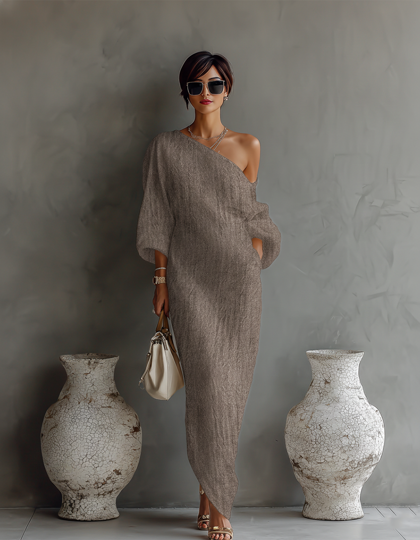 Silke - Elfenbein Leinen Kleid Schulterfrei