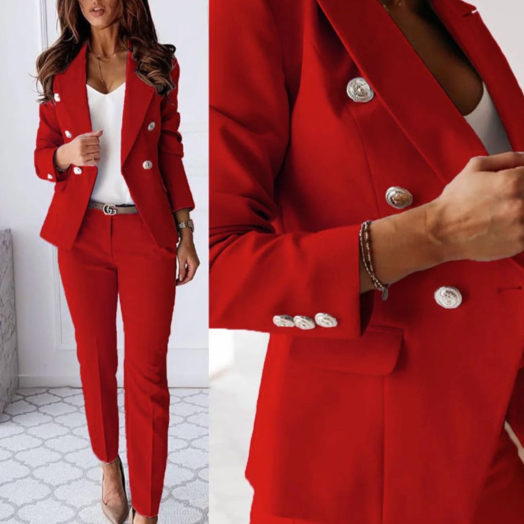 Elegantes Doppelreiher-Blazer und Slim Pants Set für Damen
