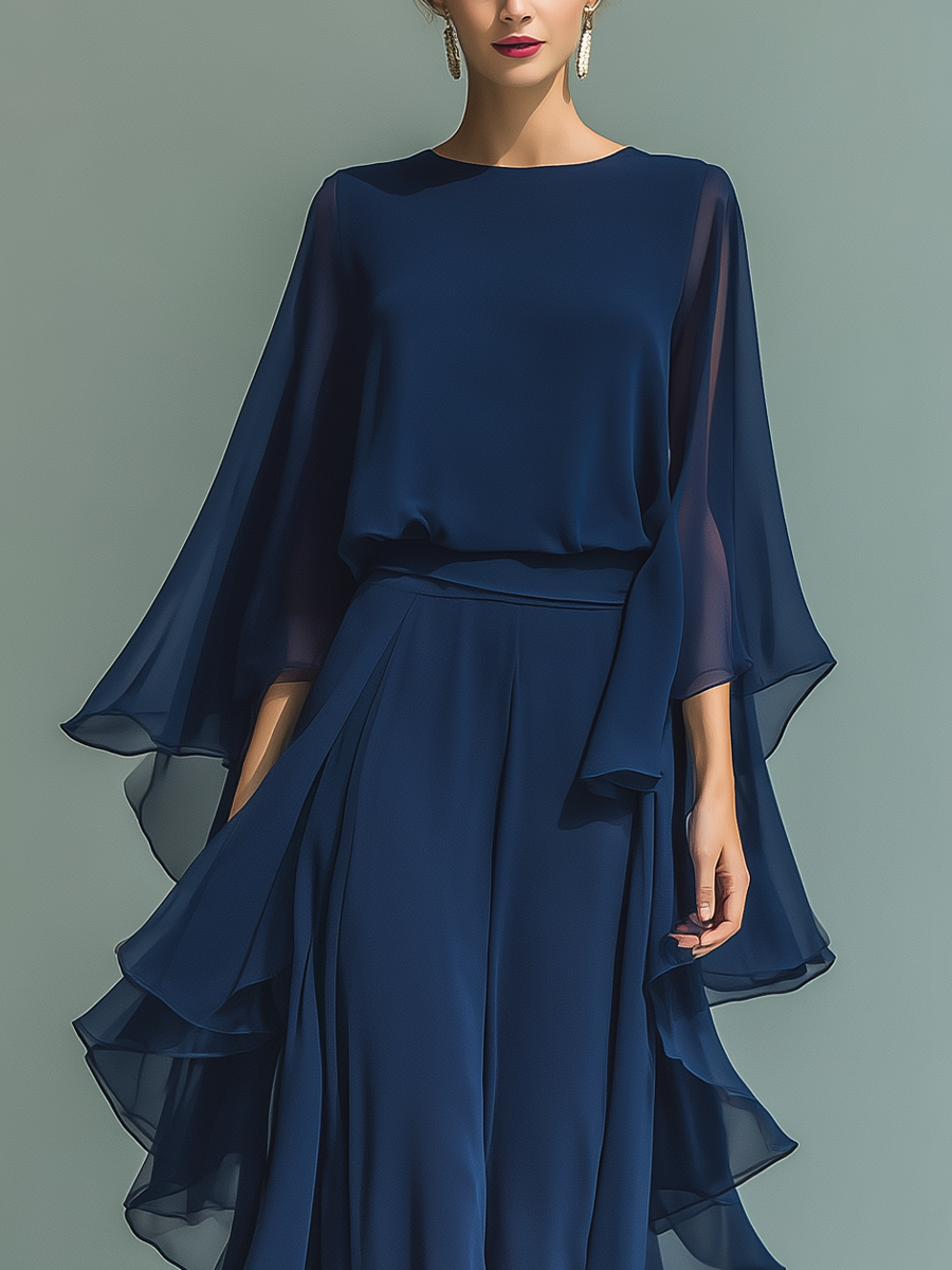 Steffi - Marineblau Chiffon Set Rüschen