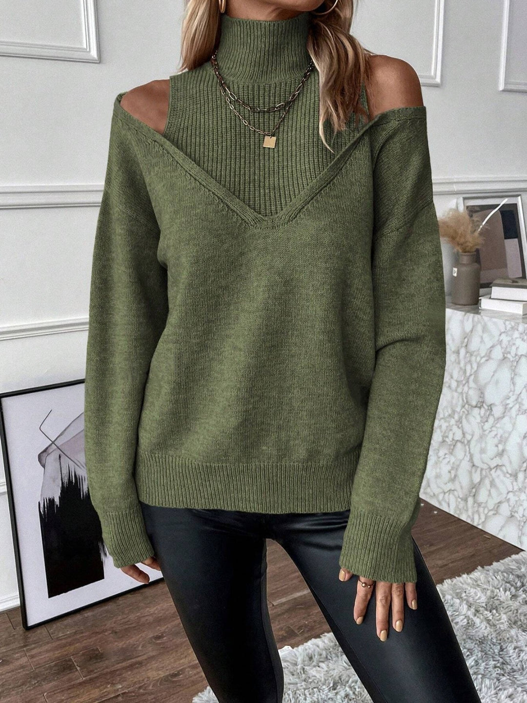 Analia | Damen Off-Shoulder Rollkragen Pullover aus Strick