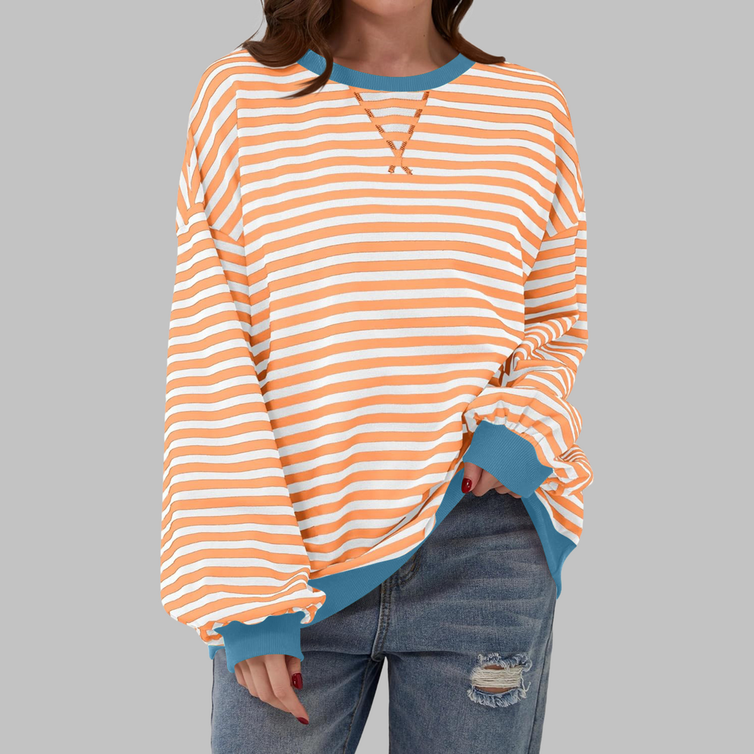 Mara | Damen Oversized Streifenpullover mit Rundhalsausschnitt und langen Ärmeln