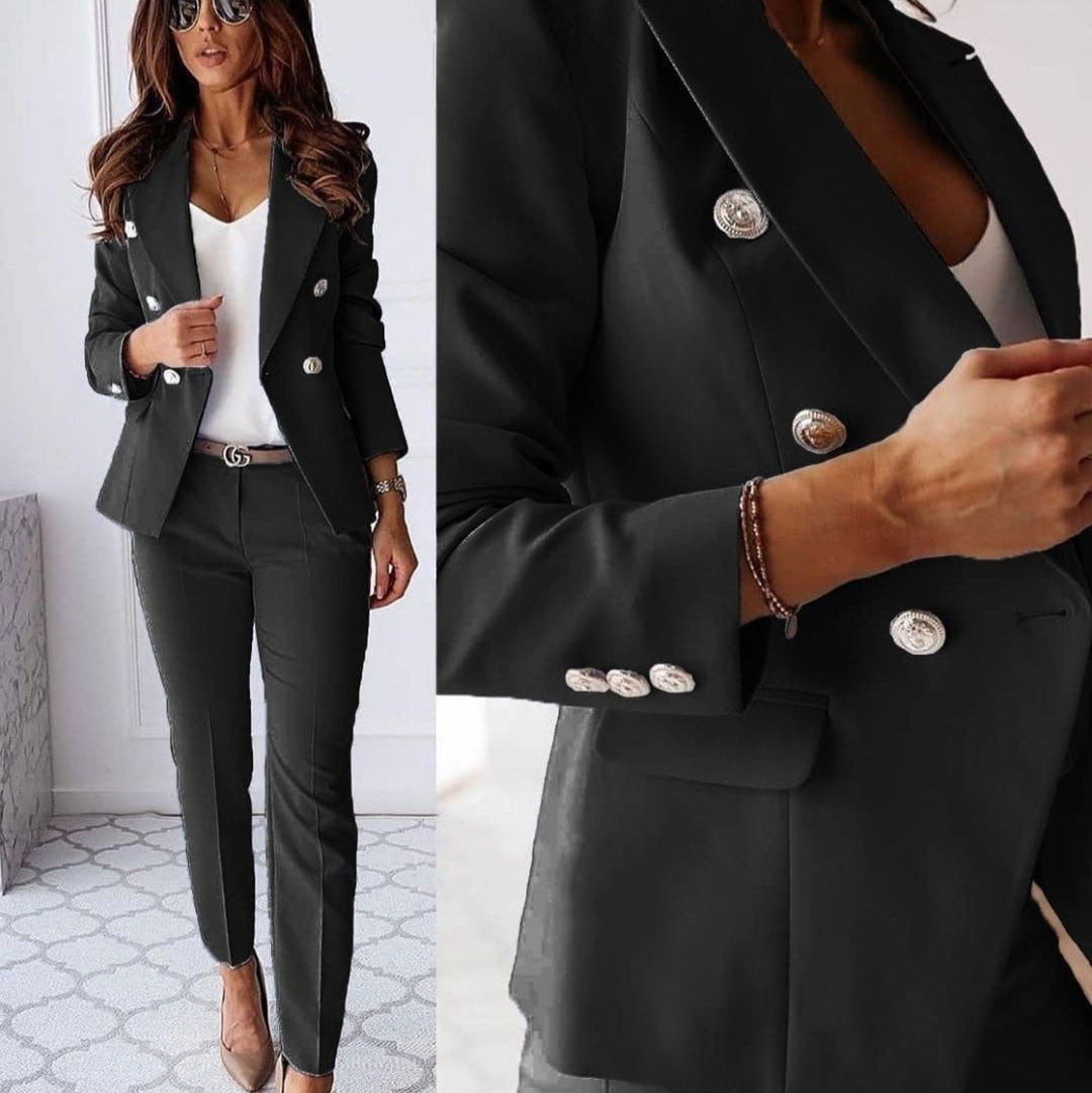 Elegantes Doppelreiher-Blazer und Slim Pants Set für Damen