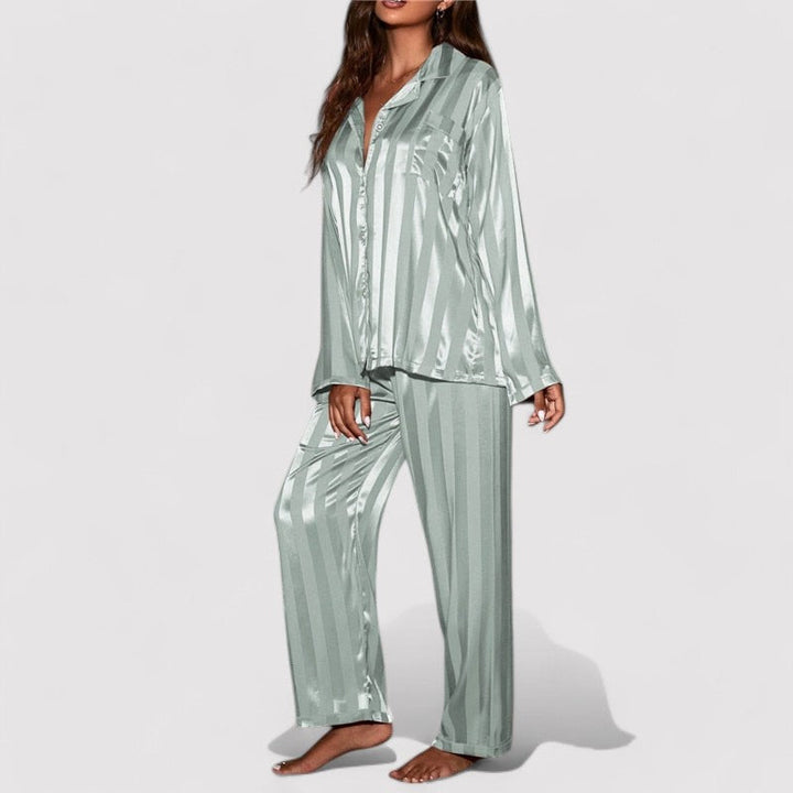 Relaxed Fit Satin Striped Pajama Set for Women