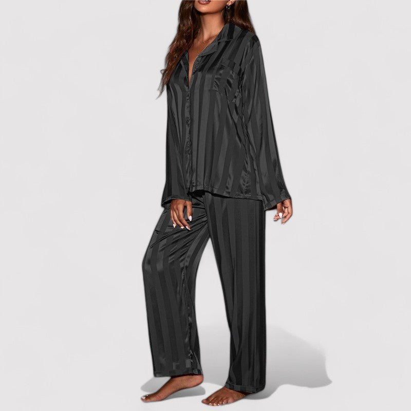 Relaxed Fit Satin Striped Pajama Set for Women