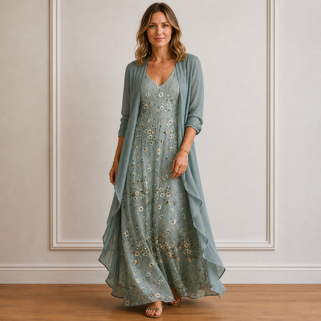 Frauen Elegantes Floral Maxi Kleid mit passendem Cardigan Set