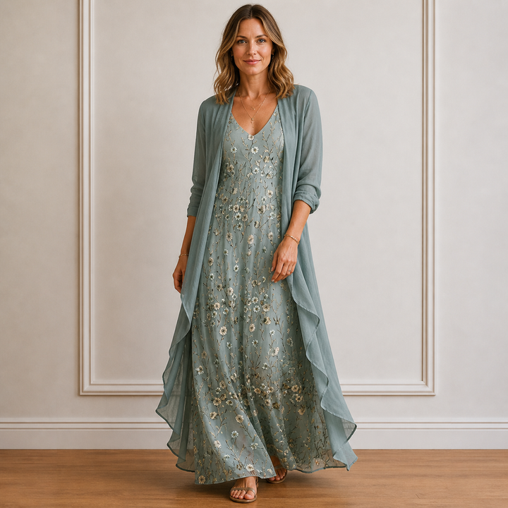 Frauen Elegantes Floral Maxi Kleid mit passendem Cardigan Set
