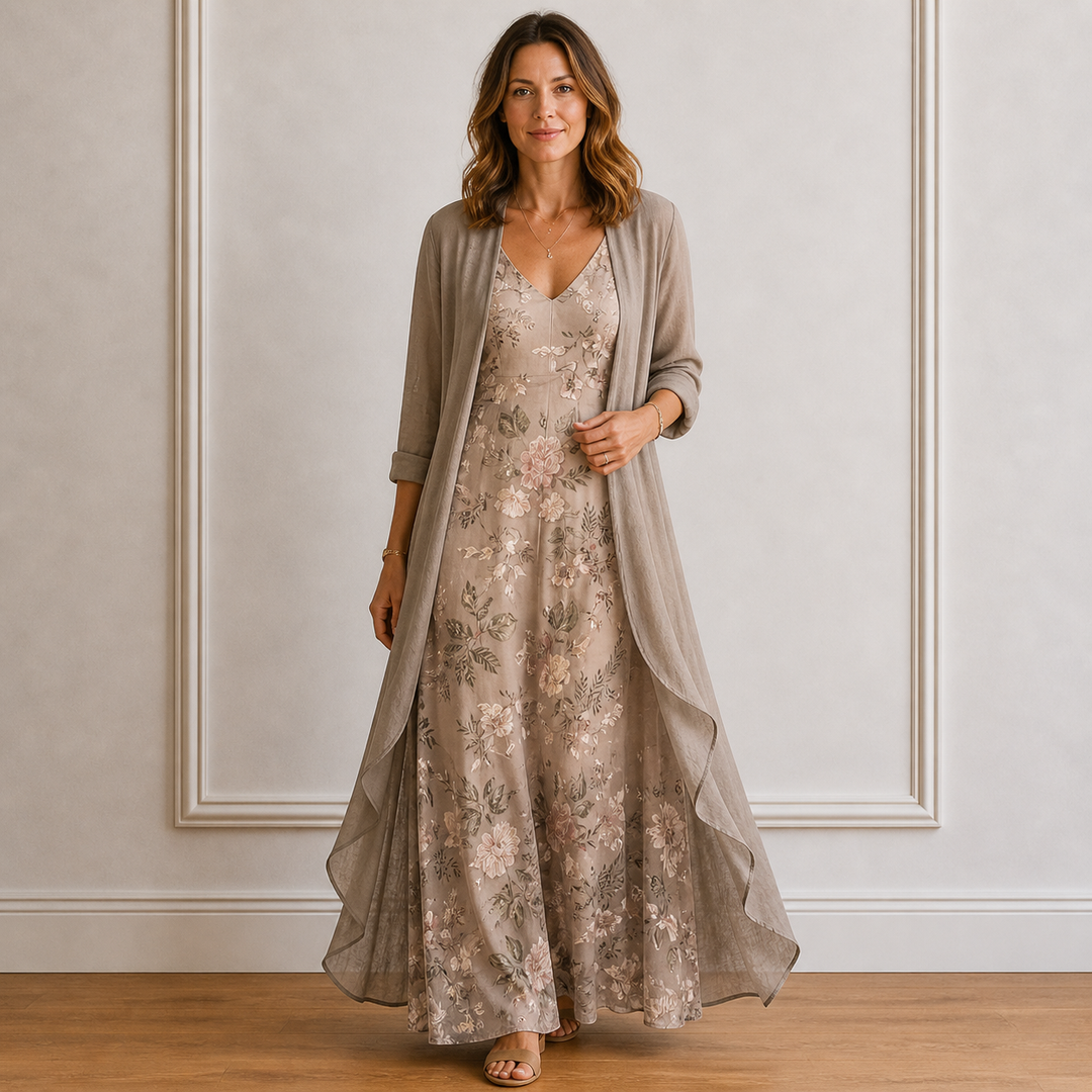 Frauen Blumen Maxi Kleid mit Leichtem Cardigan Set