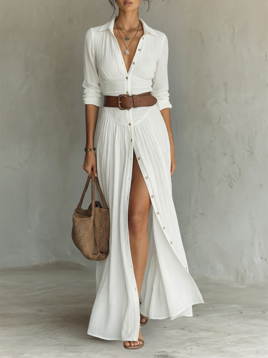 Grete - Weißes Leinen Faltenkleid Maxi