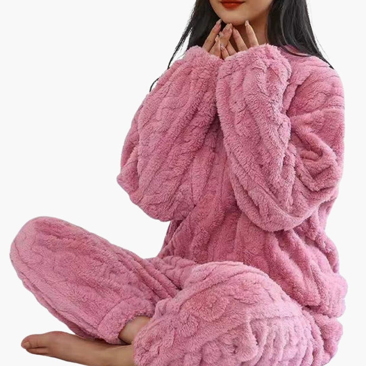 Bequemes Damen Schlafanzug Set aus weichem Fleece mit Langarm und elastischem Bund
