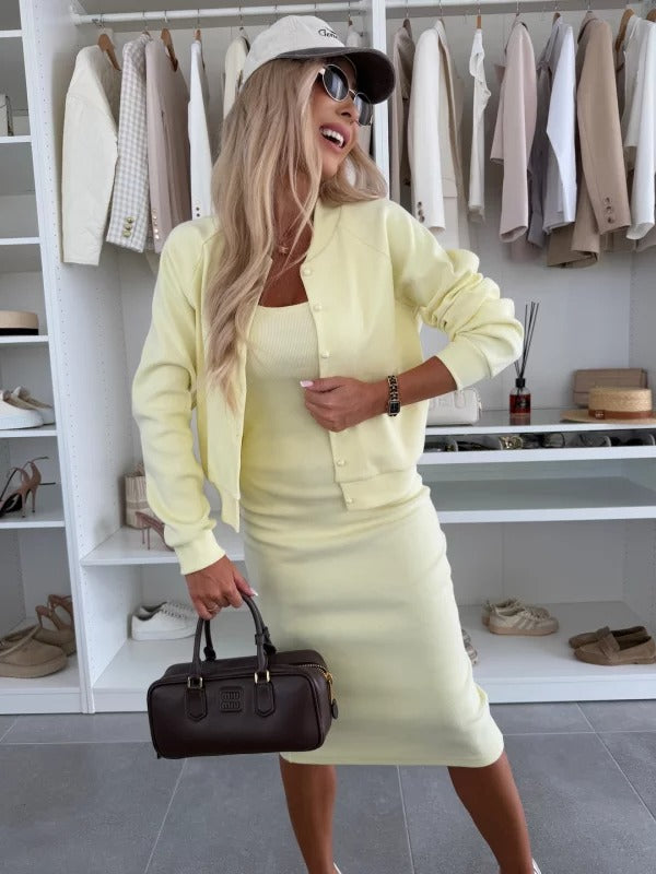 Zweiteiliges Set: Damen Langarm-Cardigan mit Midi-Kleid