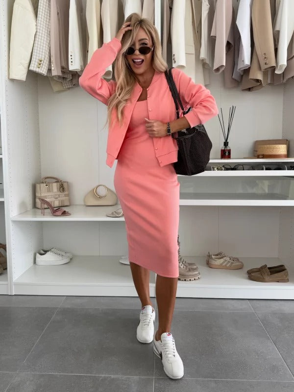 Zweiteiliges Set: Damen Langarm-Cardigan mit Midi-Kleid