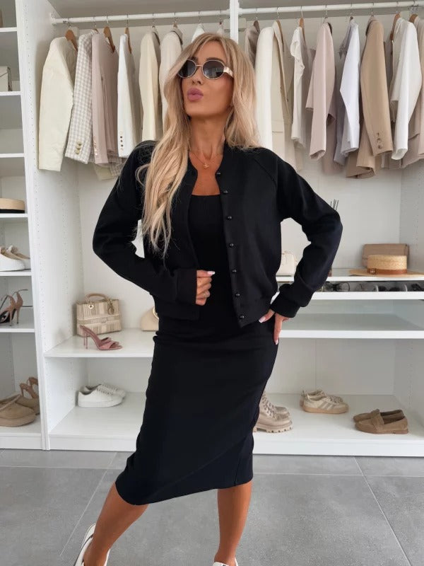 Zweiteiliges Set: Damen Langarm-Cardigan mit Midi-Kleid