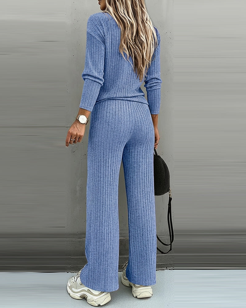 Frauen Rippstrick Lounge Set mit V-Ausschnitt Top und Hose