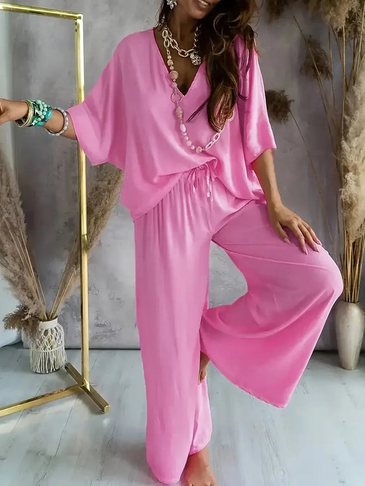Bequemer V-Ausschnitt Jumpsuit mit weitem Bein für Damen