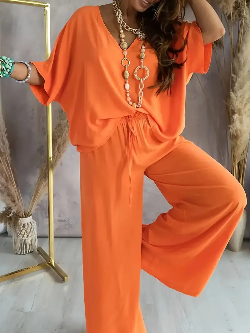 Bequemer V-Ausschnitt Jumpsuit mit weitem Bein für Damen