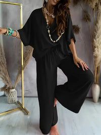 Bequemer V-Ausschnitt Jumpsuit mit weitem Bein für Damen