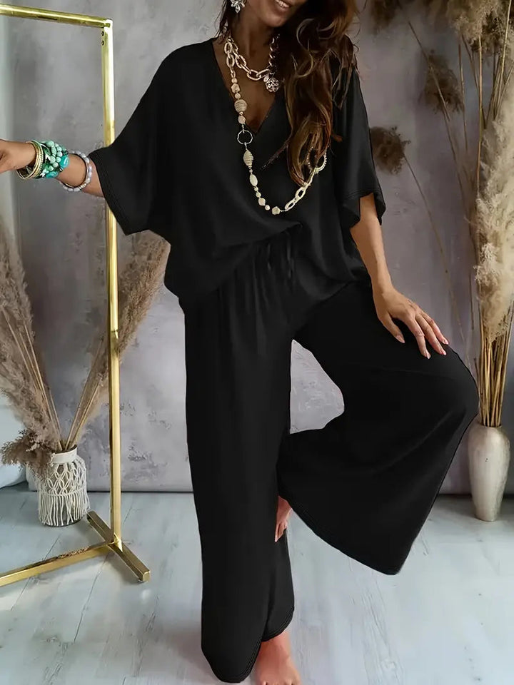 Bequemer V-Ausschnitt Jumpsuit mit weitem Bein für Damen