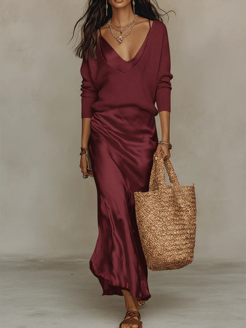 Set aus Satin Maxi Slip Kleid und Strickpullover für Damen