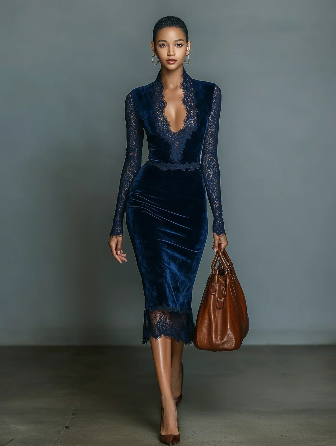 Lene - Samt Midi Kleid V-Ausschnitt
